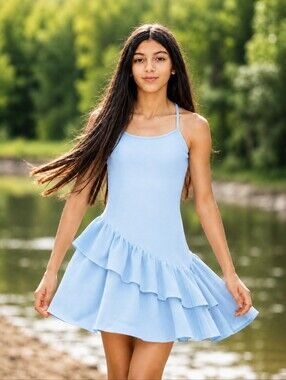 Light Blue Ruffled Sundress with Thin Straps